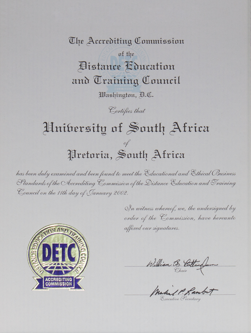 <p>After a rigorous assessment process, Unisa is formally accredited by the US&rsquo;s Distance Education and Training Council. It becomes the only African institution to be so accredited.</p>